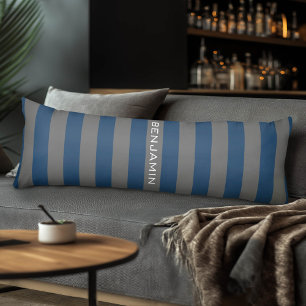 Navy Blue and Gray Rugby Stripes with Custom Name Body Pillow