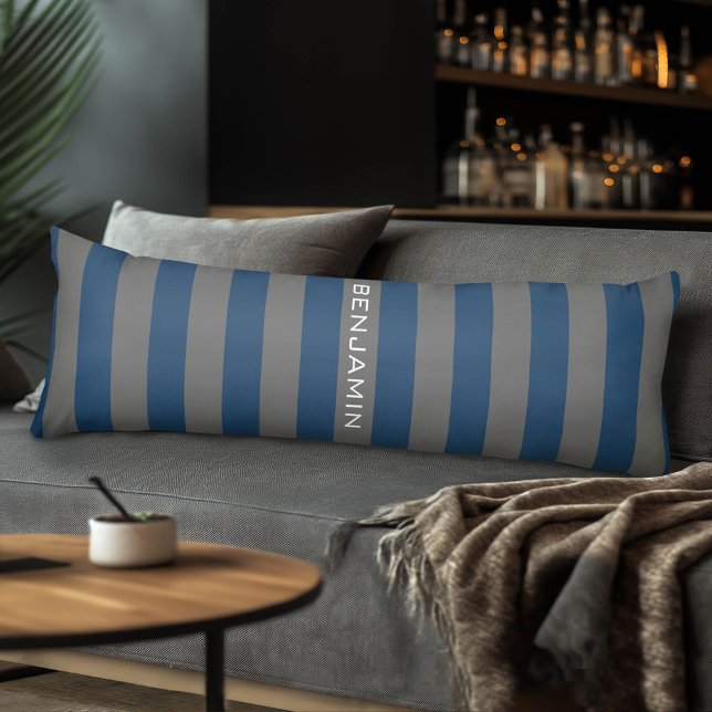 Navy Blue and Gray Rugby Stripes with Custom Name Body Pillow (Custom Body Pillow with a Sports Theme)
