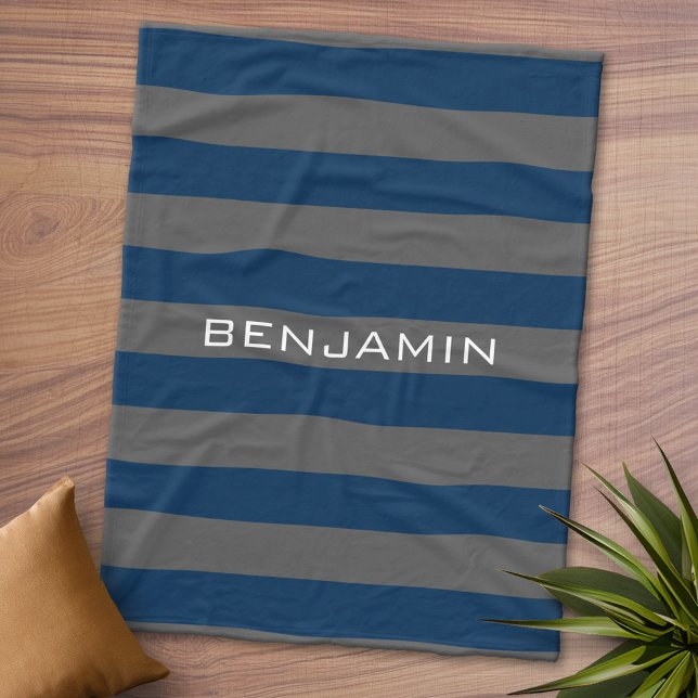 Navy Blue and Gray Rugby Stripes with Custom Name Fleece Blanket (Personalized Fleece Blanket - Add Photos and Text)
