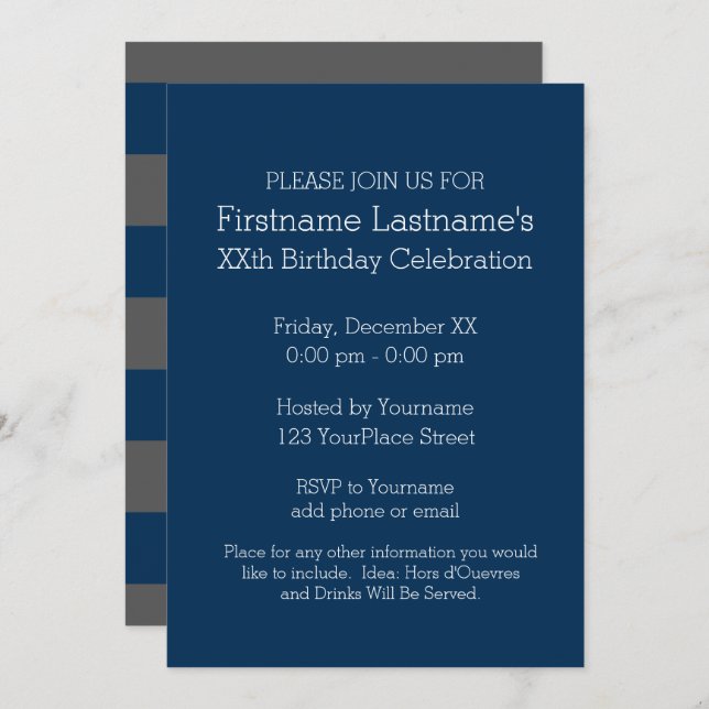 Navy Blue and Gray Rugby Stripes with Custom Name Invitation (Front/Back)