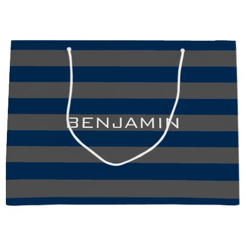 Navy Blue and Gray Rugby Stripes with Custom Name Large Gift Bag