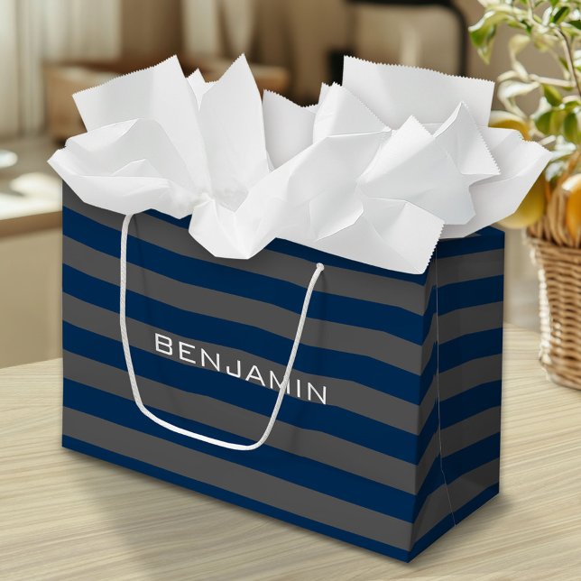 Navy Blue and Gray Rugby Stripes with Custom Name Large Gift Bag (Custom Gift Bag)
