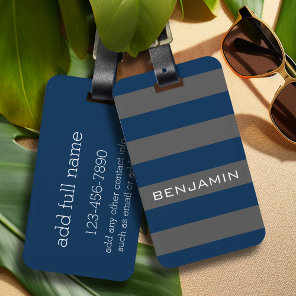 Navy Blue and Gray Rugby Stripes with Custom Name Luggage Tag