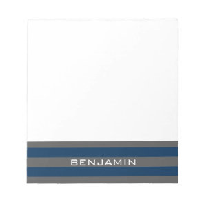 Navy Blue and Gray Rugby Stripes with Custom Name Notepad