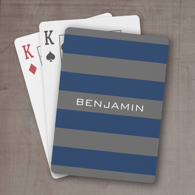 Navy Blue and Gray Rugby Stripes with Custom Name Poker Cards (Personalized playing cards - sporty, preppy stripe pattern with name. Great gift for the guys!)