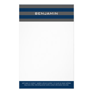 Navy Blue and Gray Rugby Stripes with Custom Name Stationery