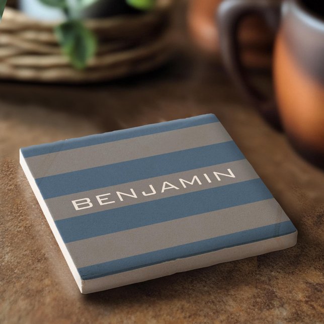 Navy Blue and Gray Rugby Stripes with Custom Name Stone Coaster (Custom Stone Coaster)