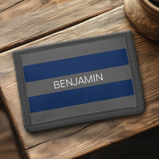 Navy Blue and Gray Rugby Stripes with Custom Name Trifold Wallet