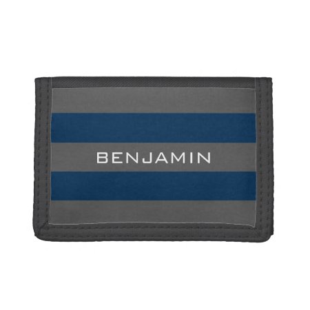 Navy Blue And Gray Rugby Stripes With Custom Name Trifold Wallet
