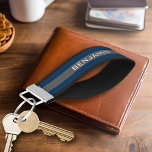 Navy Blue and Gray Rugby Stripes with Custom Name Wrist Keychain<br><div class="desc">Dark Blues and charcoal grey -- A manly pattern for the guys and boys in your family. A bold and modern design with an area for customized text. If you need to adjust the artwork or change the font, you can click on the customize area. This will take you to...</div>