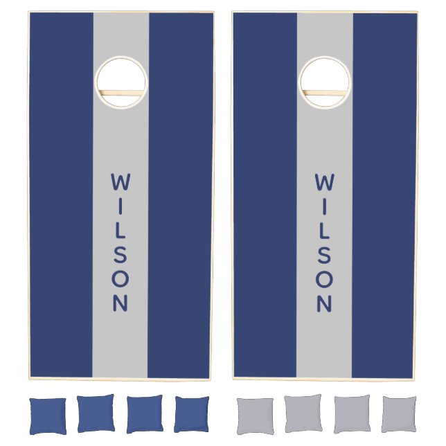 Navy Blue and Gray Stripe Custom Name Cornhole Set (Set)