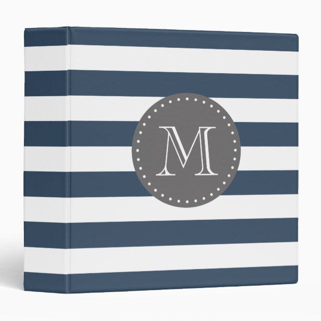 Navy Blue and Gray Stripes Custom Monogram 3 Ring Binder (Front/Spine)