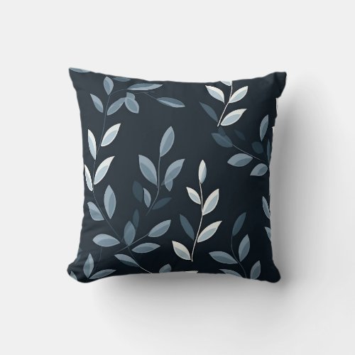 Navy Blue and Gray watercolor leaves Throw Pillow