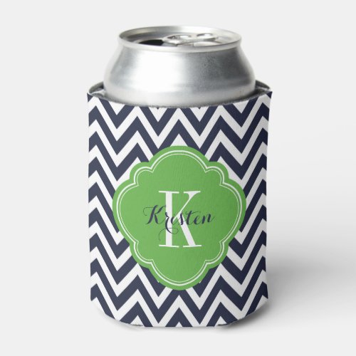 Navy Blue and Green Chevron Monogram Can Cooler
