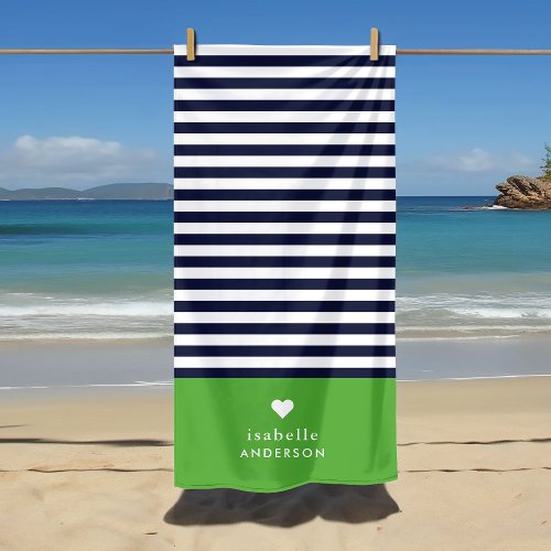 Navy Blue and Green Chic Stripes Heart Monogram Beach Towel