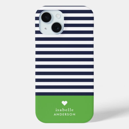 Navy Blue and Green Chic Stripes Heart Monogram iPhone 15 Case