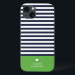 Navy Blue and Green Chic Stripes Heart Monogram iPhone 13 Case<br><div class="desc">Stylish custom phone case in green, navy blue and white colors. This design features a preppy classic navy and white striped pattern. Personalize it with your name monogram or other custom text with a cute heart symbol. Use the design tools to choose any background colors, edit the text fonts and...</div>
