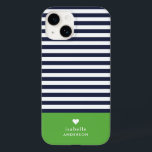 Navy Blue and Green Chic Stripes Heart Monogram Case-Mate iPhone 14 Case<br><div class="desc">Stylish custom phone case in green, navy blue and white colors. This design features a preppy classic navy and white striped pattern. Personalize it with your name monogram or other custom text with a cute heart symbol. Use the design tools to choose any background colors, edit the text fonts and...</div>
