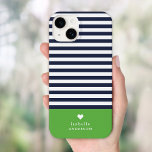 Navy Blue and Green Chic Stripes Heart Monogram Case-Mate iPhone 14 Case<br><div class="desc">Stylish custom phone case in green, navy blue and white colors. This design features a preppy classic navy and white striped pattern. Personalize it with your name monogram or other custom text with a cute heart symbol. Use the design tools to choose any background colors, edit the text fonts and...</div>