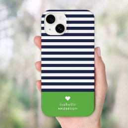Navy Blue and Green Chic Stripes Heart Monogram Case-Mate iPhone 14 Case