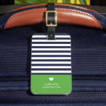 Navy Blue and Green Chic Stripes Heart Monogram Luggage Tag<br><div class="desc">Stylish custom printed luggage tag in green, navy blue and white colors. This design features a preppy classic navy and white striped pattern. Personalize it with your name monogram or other custom text with a cute heart symbol. Add your contact information on the back side in case your luggage is...</div>