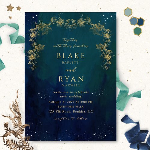 Navy Blue and Green Enchanting Celestial Wedding Invitation