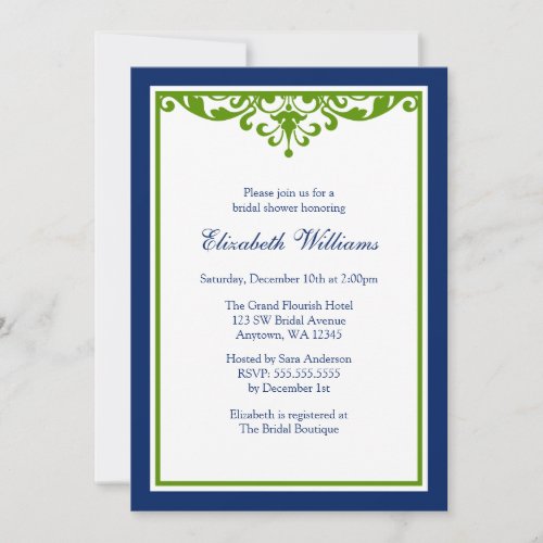 Navy Blue and Green Flourish Bridal Shower Custom Announcement