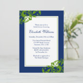 Navy Blue and Green Flourish Swirls Bridal Shower Invitation (Standing Front)