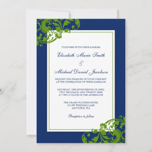 Navy Blue and Green Flourish Swirls Wedding Custom Invitation