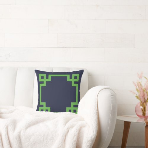 Navy Blue and Green Greek Key Border Throw Pillow