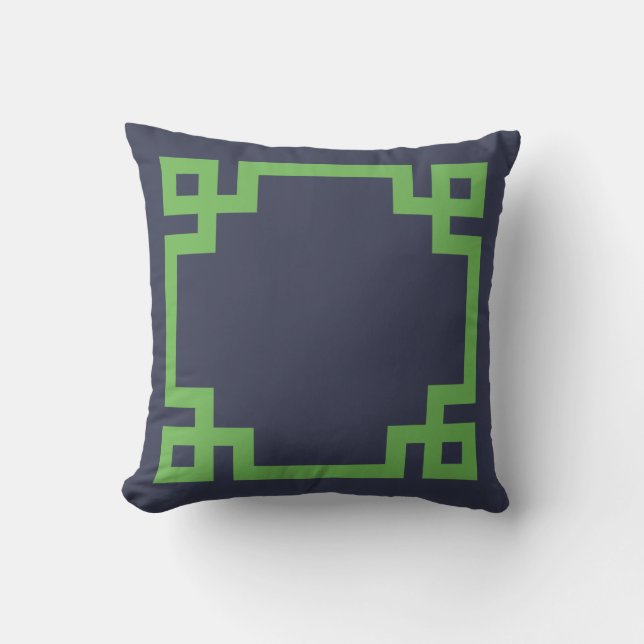 Navy Blue and Green Greek Key Border Throw Pillow (Front)