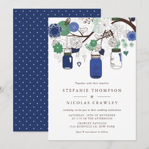 Blue &amp; Green Floral Mason Jars Wedding Invitation