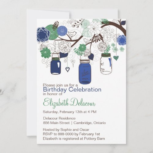 Navy Blue and Green Mason Jars Birthday Invitation