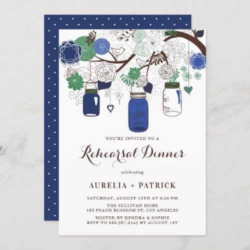 Navy Blue and Green Mason Jars Rehearsal Dinner Invitation