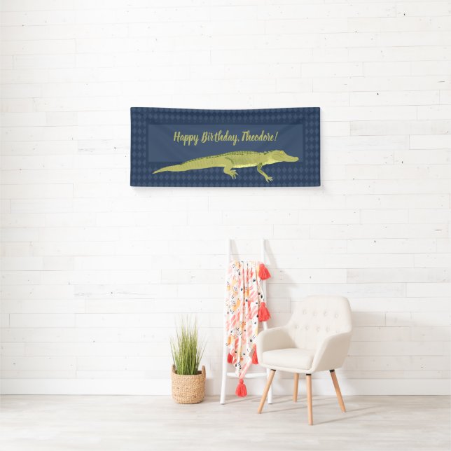 Navy Blue and Green Men's Alligator Birthday Party Banner