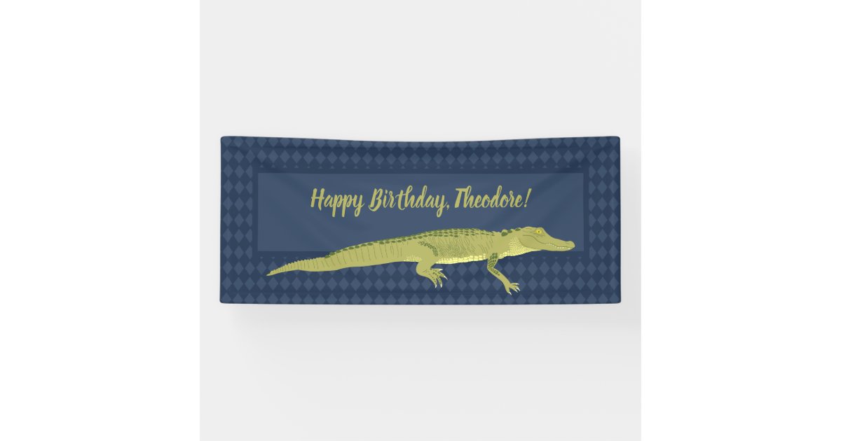 Navy Blue and Green Men's Alligator Birthday Party Banner