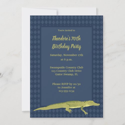 Navy Blue and Green Mens Alligator Birthday Party Invitation