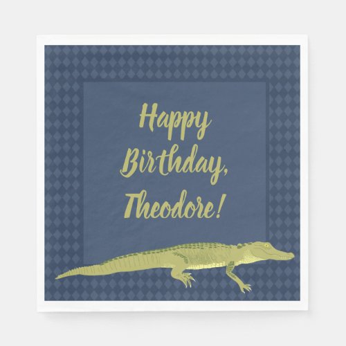 Navy Blue and Green Mens Alligator Birthday Party Napkins