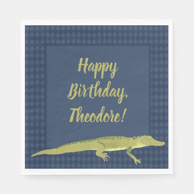 Navy Blue and Green Men's Alligator Birthday Party Napkins (Front)