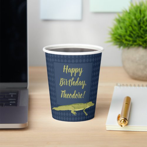 Navy Blue and Green Mens Alligator Birthday Party Paper Cups