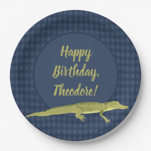 Navy Blue and Green Mens Alligator Birthday Party Paper Plates