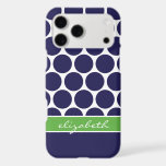 Navy Blue and Green Mod Big Dots Custom Monogram iPhone 17 Pro Max Case<br><div class="desc">Stylish custom phone case personalized with your monogram initial,  name or other custom text over a cute trendy background pattern. Click Customize It to add your own text and photos and create a unique one of a kind case design!</div>