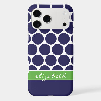 Navy Blue and Green Mod Big Dots Custom Monogram iPhone 17 Pro Max Case