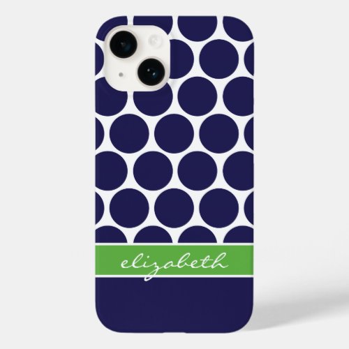 Navy Blue and Green Mod Big Dots Custom Monogram Case_Mate iPhone 14 Case