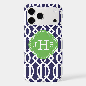 Navy Blue and Green Modern Trellis Monogram iPhone 17 Pro Max Case