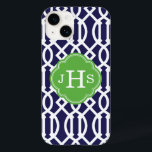 Navy Blue and Green Modern Trellis Monogram Case-Mate iPhone 14 Case<br><div class="desc">Cute Girly Trendy Chic Stylish Preppy Geometric Modern Trellis Pattern. Add your custom personalized monogram initials or name. Click the Customize It button to change fonts and colors for a unique one-of-a-kind design.</div>