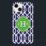 Navy Blue and Green Modern Trellis Monogram Case-Mate iPhone 14 Case<br><div class="desc">Cute Girly Trendy Chic Stylish Preppy Geometric Modern Trellis Pattern. Add your custom personalized monogram initials or name. Click the Customize It button to change fonts and colors for a unique one-of-a-kind design.</div>