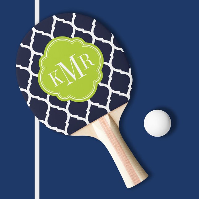 Navy Blue and Green Moroccan Quatrefoil Monogram Ping-Pong Paddle (Creator Uploaded)