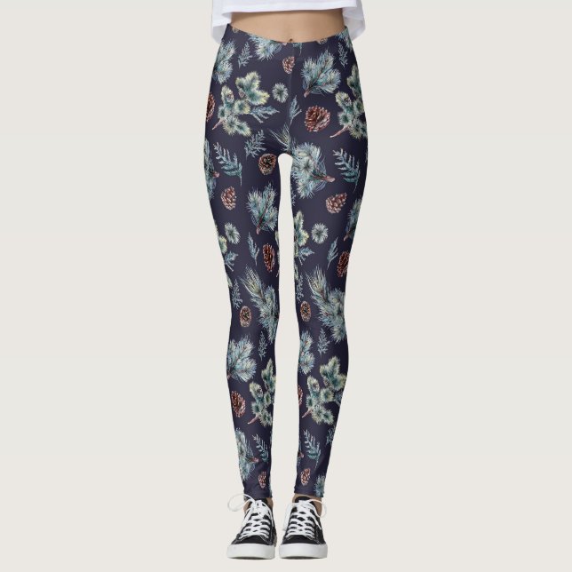 Navy Blue and Green Pine Tree Illustrated Leggings (Front)