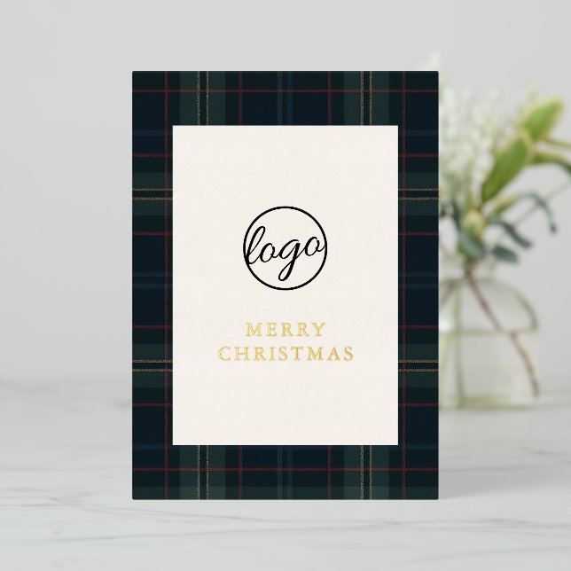 Navy Blue and Green Plaid Business Christmas Foil Holiday Card (Standing Front)